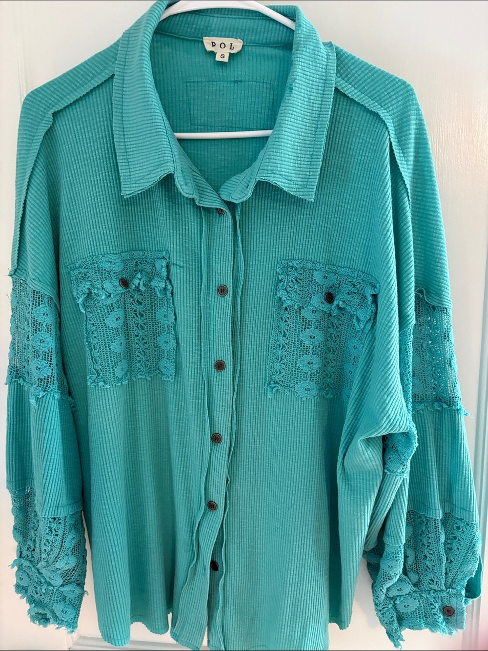 POL Turquoise Crochet-Pocket Button-Front Top